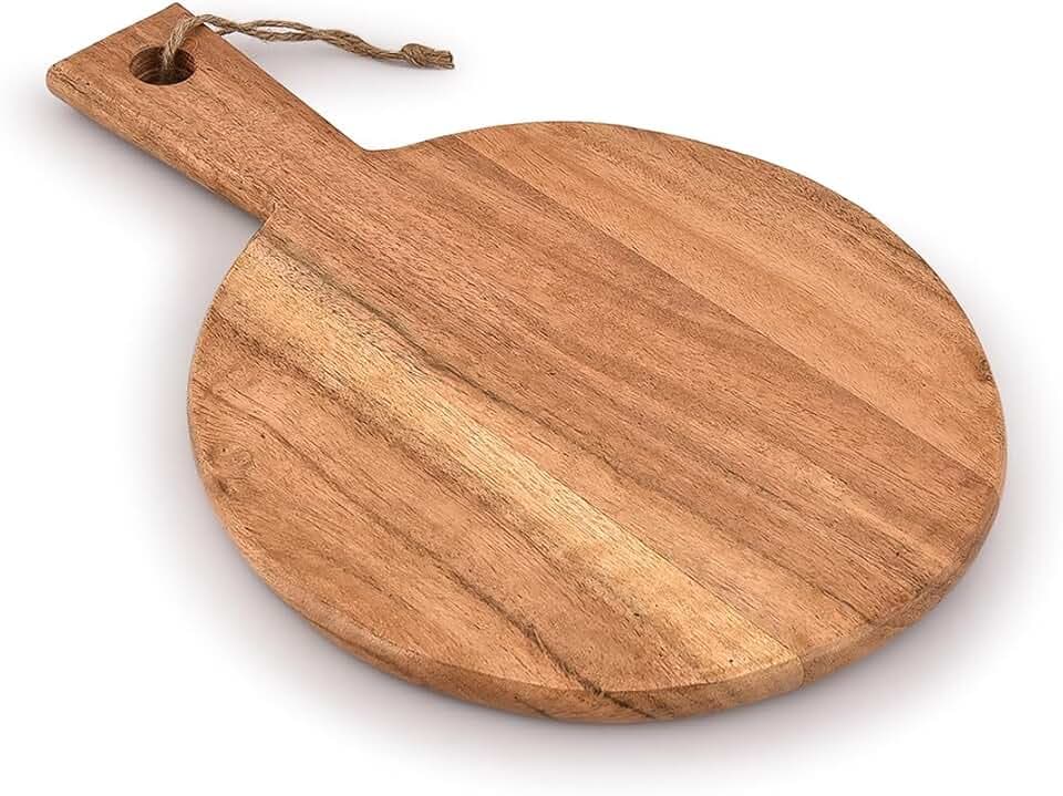 Samhita Rundes Schneidebrett aus Akazienholz mit Griff zum Hacken und Servieren von Wurstwaren, Käse, Pizza, Brot – Wanddekoration (33,02 cm x 22,86 cm x 1,09 cm)