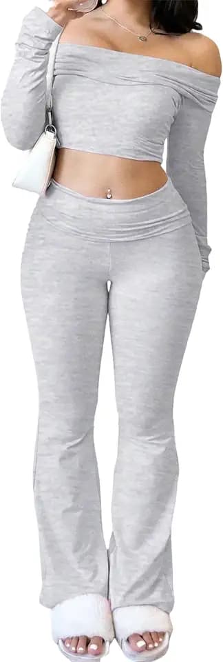 GFU 2 Piece Lounge Set Women Sexy Off Shoulder Crop Top Fold Over Flared Pants Set Workout Matching Sets Cozy Loungewear