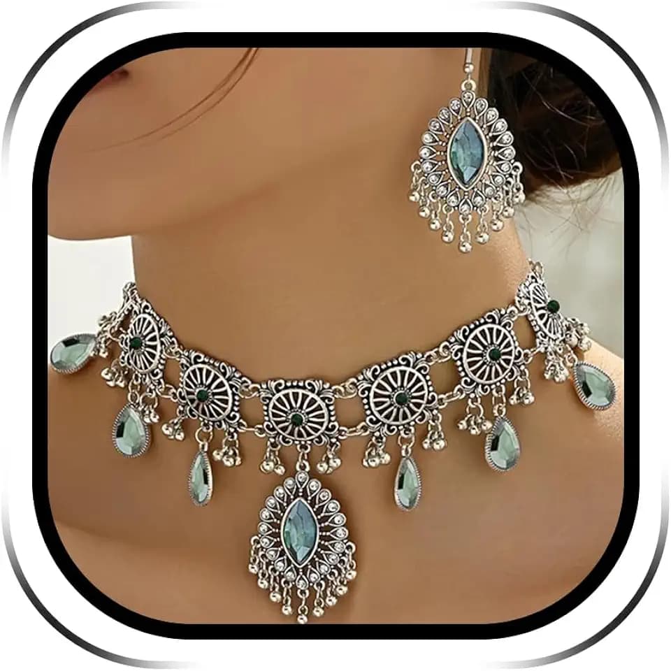 Frodete Indian Jewelry Sets for Women Traditional Bohemian Wedding Jewelry Set Indian Dresses for Women Oxidized Ethnic Party Prom Wear