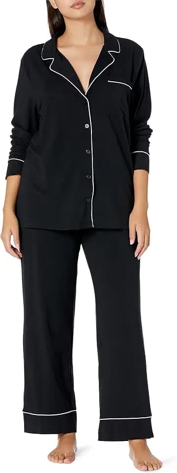 Amazon Essentials Women's Cotton Modal Long-Sleeve Notch Collar Shirt and Full-Length Elastic Waist Pajama Pant Set