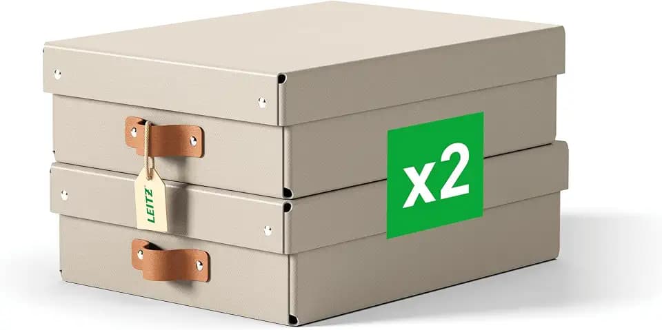 Leitz Puro Flache Aufbewahrungsbox mit Deckel, Medium, 2er-Set, Box 8 L, stapelbar, Organizer-Box für Regale und Schränke, FSC-Karton, für Büro & Home Office, 26 x 35 x 10 cm, Beige, 61480012