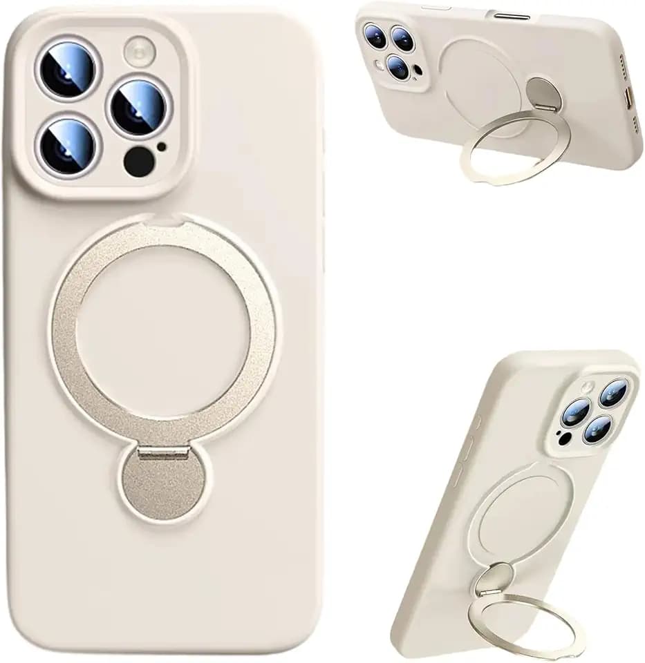 360° Spin Invisible Magnetic Stand for iPhone 16 Pro Case Silicone Full Camera Protection Shockproof Rubber 16 Pro Case Women Men Soft Touch Liquid Silicone Cover Supports Wireless Charging, Beige
