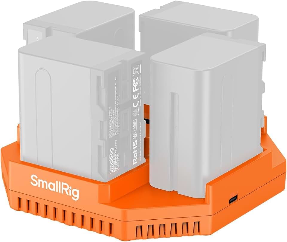 SMALLRIG Akkuladegerät für NP-F970 mit PD-100W-Schnellladung, OLED-Display, 4-Kanal-Ladegerät für Sony NP-F970, NP-F750, NP-F550, NP-F570, Orange (Batterien Nicht Enthalten) – 4837