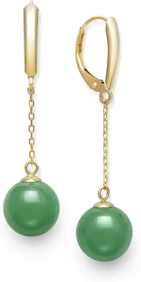 Belacqua Natural Green Jade Round Dangle Drop Earrings in 14K Yellow Gold