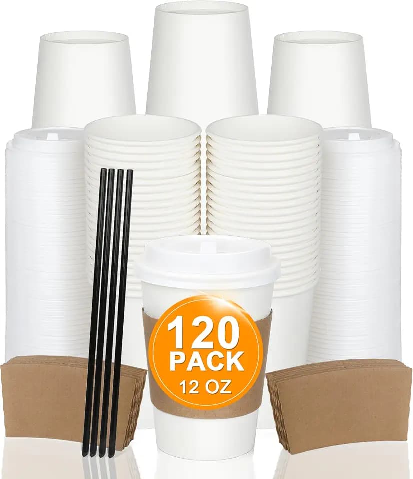 RAZCC 120 Pack 12 oz Paper Coffee Cups Set, Disposable White Coffee Cups with Lids, Sleeves and Stirring Sticks, Fit For Cold and Hot Drinks