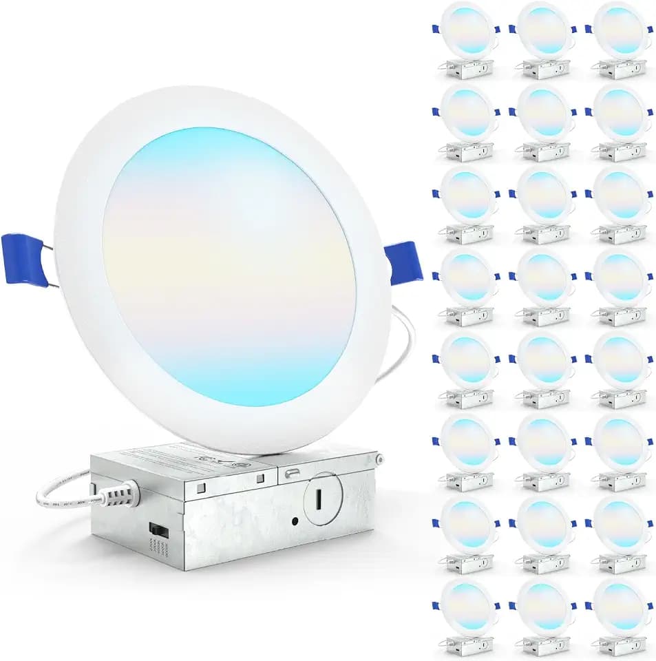 Sunco 24 Pack 6 Inch Canless LED Ultra-Slim Recessed Light, 5CCT, 14W=100W