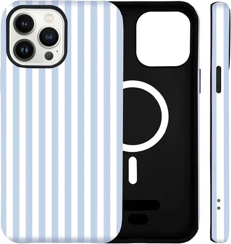 Magnetic Striped Phone Case for iPhone 13/14, Blue and White