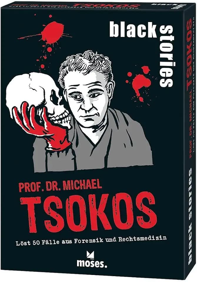 Moses. Black Stories Tsokos – 50 morbide Kriminalfälle aus der Welt der Rechtsmedizin, True-Crime-Rätselspiel mit realen forensischen Fällen, spannendes Kartenspiel ab 16 Jahren