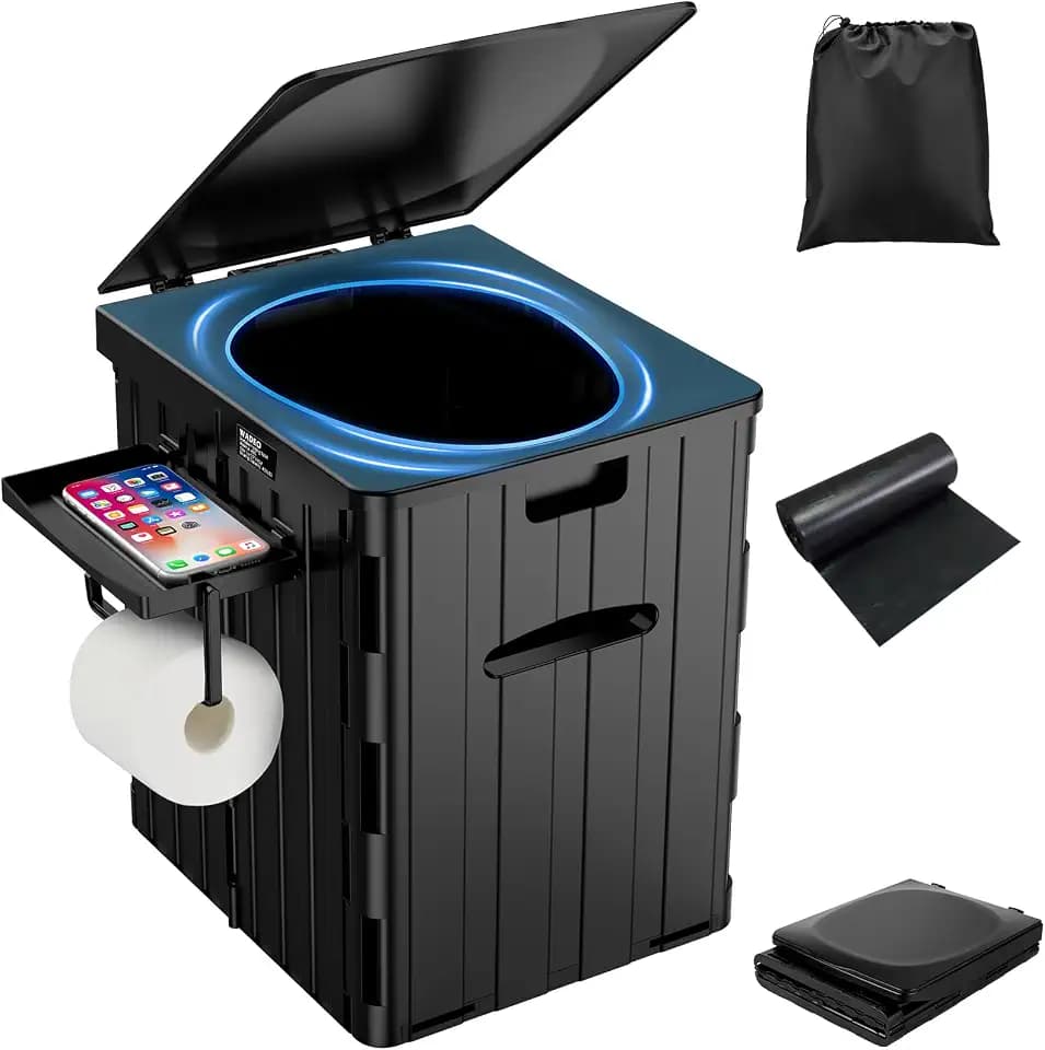 WADEO Tragbare Campingtoilette 38L, Robuste Falttoilette mit Tragkraft bis zu 200kg, Mobiltoilette Faltbares Töpchen mit abnehmbarem Papier- und Telefonhalter und 12 Stück Toilettenbeuteln