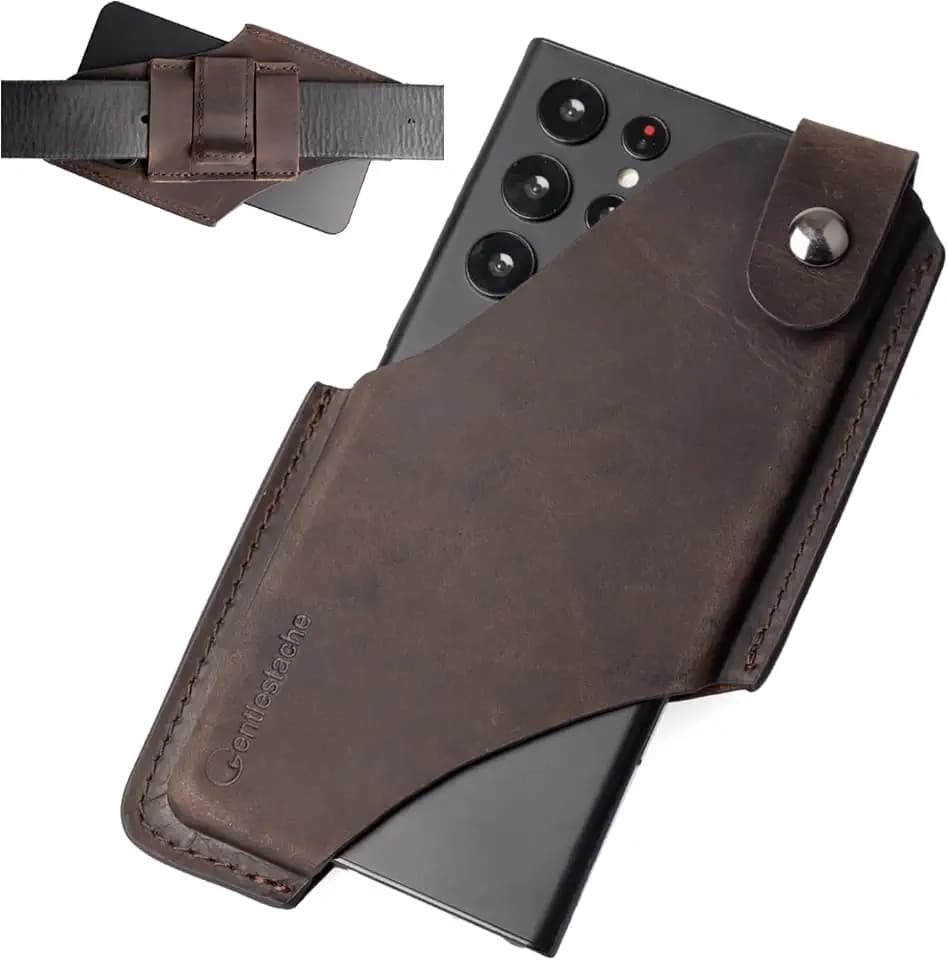 Gentlestache Leather Cell Phone Holster with Belt Clip,Leather Phone Pouch for iPhone Samsung Motorola,Belt Case with Belt Loops,Leather Phone Case on Belt,Cell Phone Sheath,Medium Size,Darkbrown
