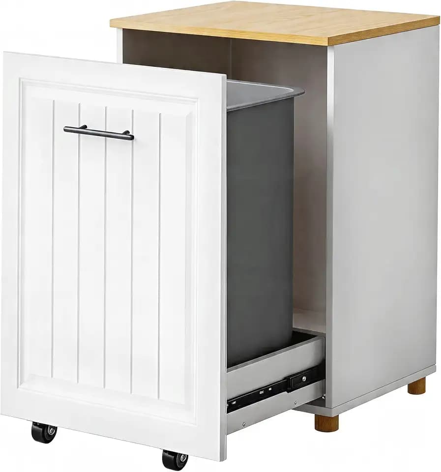 ZIFTY 10 Gallon Pull Out Trash Can Cabinet Kitchen, Laundry Hamper, White