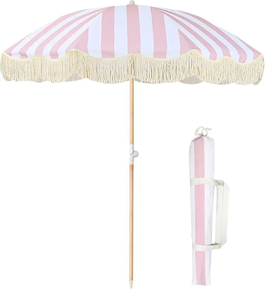 Lefedrasticity Boho Outdoor Umbrella with Tassels,6ft Table Umbrella Outdoor Patio with Knobs Tilt,Wind Resistant Portable Beach Umbrella UPF50+ Fringe Umbrellas For Pool Backyard Deck Garden