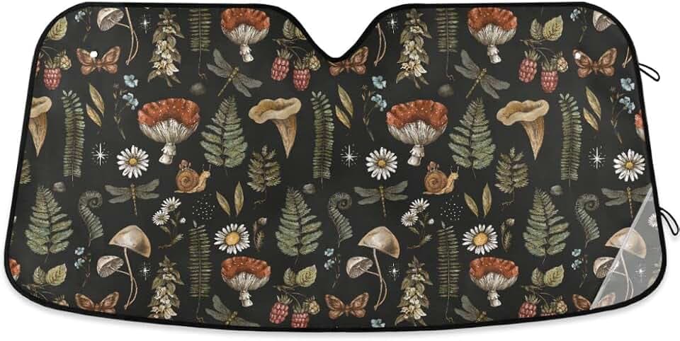 Mushroom Car Windshield Sun Shade Fern Forest Plants Botanical Car Sun Visor for UV Rays and Sun Heat Protection Vintage Woodland Nature Flowers Blocks Heat Foldable Summer Sun Shield 55x28 in