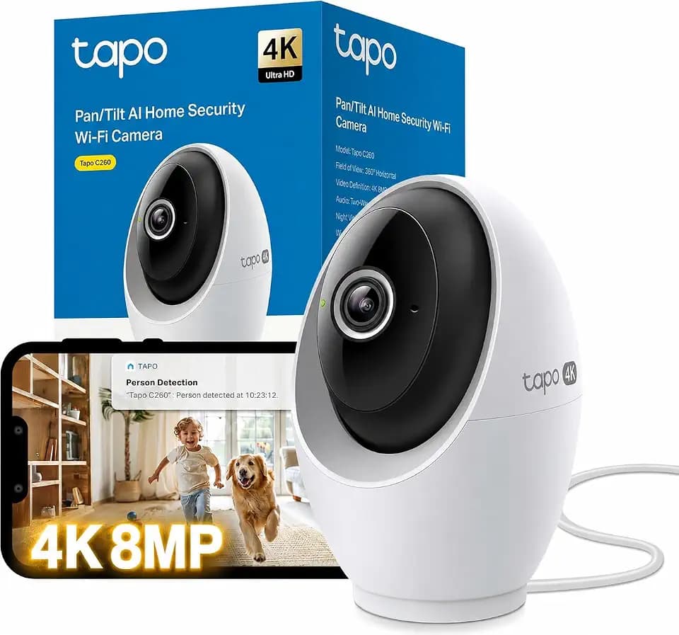Tapo C260 4K 8MP Überwachungskamera Innen 360°, Lokale KI-Erkennung, Physischer Privatsphärenmodus, 18-Facher Digitalzoom, Bewegungsverfolgung, Zwei-Wege-Audio, MicroSD-Karte Bis zu 512 GB