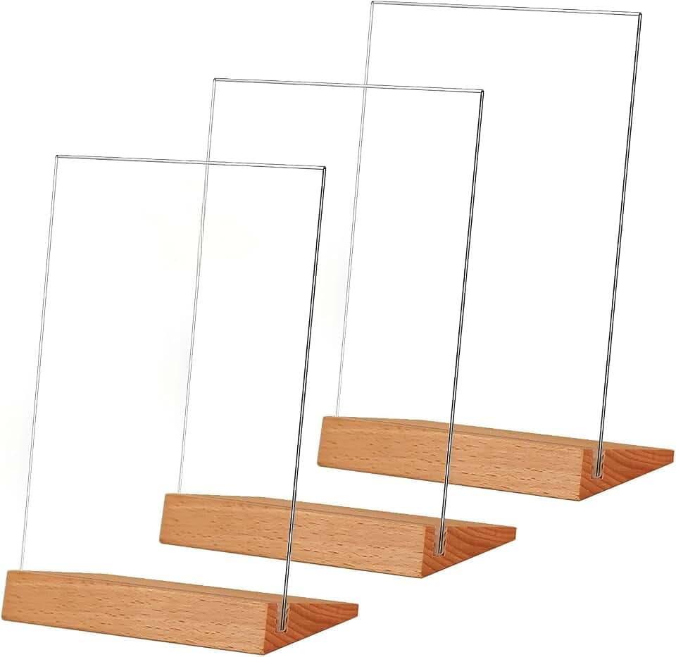 TONICE® 3 Pack 5x7 Acrylic Sign Holder Slant Back Design L Shape Clear Acrylic Frames Wood Base, Table Menu Display Stand Flyer Display for Desk Display (Optional 8.5x11/5x7 Inch L/T Shape)