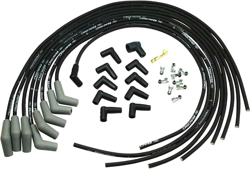 Ford Racing Spark Plug Wire Set, Racing, Spiral Core, 9 mm, Black, 45 Degree Plug Boots, HEI Style Terminal, V6 / V8, Kit