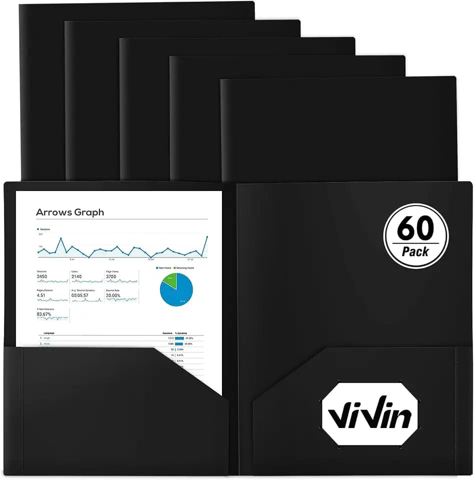 ViVin 60 Pack Plastic Folders with Pockets (Black)