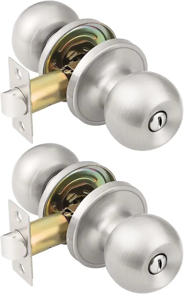 KNOBWELL Brushed Nickel Door Knob for Bedroom Bathroom, Interior Door Knobs with Round Ball Knob, Keyless Privacy Door Knob with Lock, Indoor Door Handle, 2 Pack