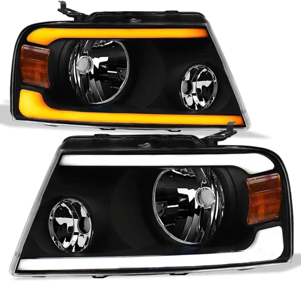 Alpha Owls Crystal Headlights with Switchback Sequntial LED Strip|Compatible With 2004-2008 Ford F150 / 2006-2008 Lincoln Mark LT|8743065|Black Amber