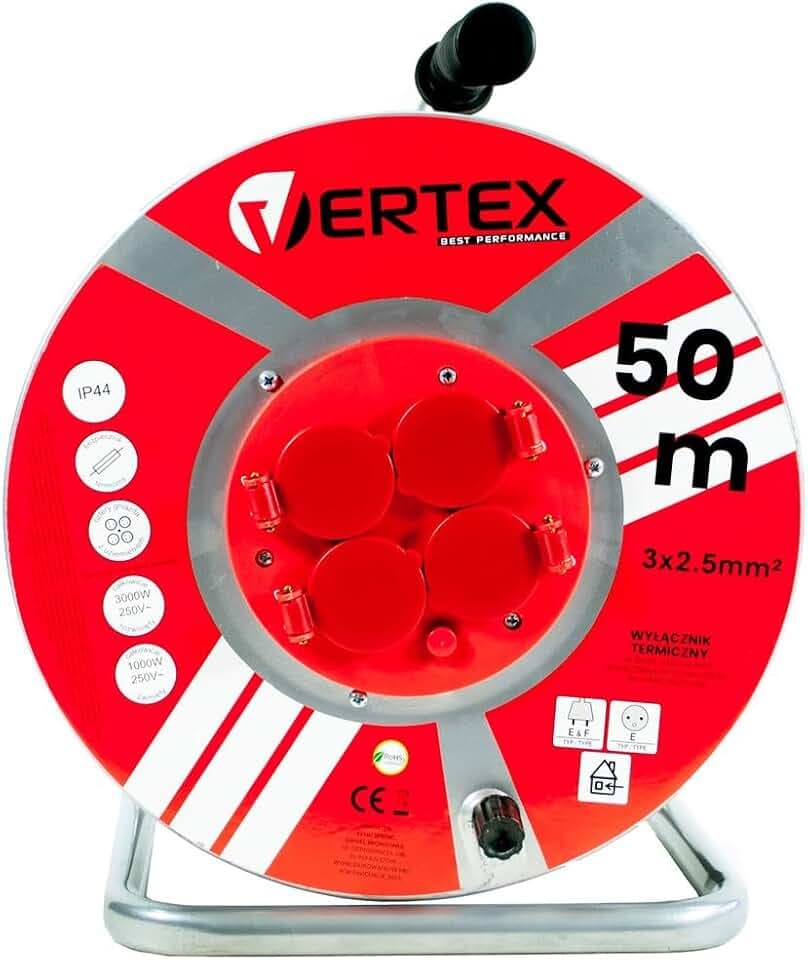 VERTEX Kabeltrommel Metall, 3x2,5mm², IP44, SCHUKO-Erdung, 4 Steckdosen, langlebig, hochwertiges Kabel, Thermosicherung, für Innen- und Außenbereich