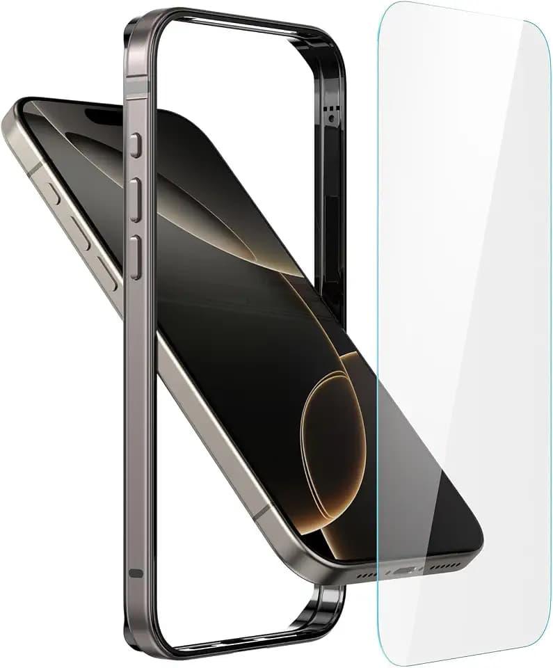 Metal Bumper Case for iPhone 16 Pro,Aluminum Frame Slim Case [Soft Inner Bumper][Raised Edge Protection] HD Tempered Glass Screen Protector Cover for iPhone 16 Pro 6.3 inch, Titanium Grey