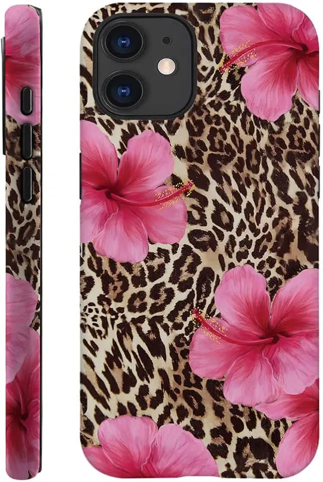 Case Compatible with iPhone 11,Scratch Resistant Hybrid 2-Layer Hard Shell Phone Case,Leopard Pink Hibiscus Tropical Floral