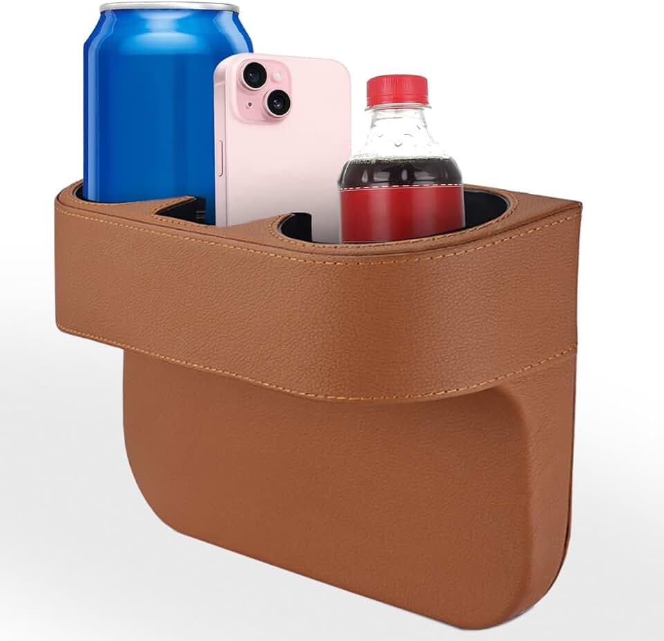 KITUREK Car Cup Holder, PU Leather Cover Auto Front Seat Organizer, Brown
