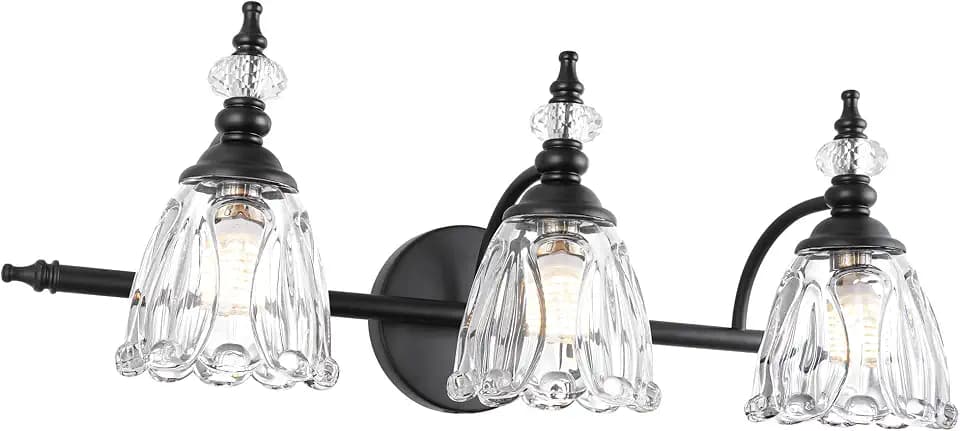 Matte Black Bathroom Vanity Light, Farmhouse Bathroom Light Fixtures Over Mirror, 3 Light Vanity Lighting Fixtures, Flower Glass Shade Wall Sconce Lighting