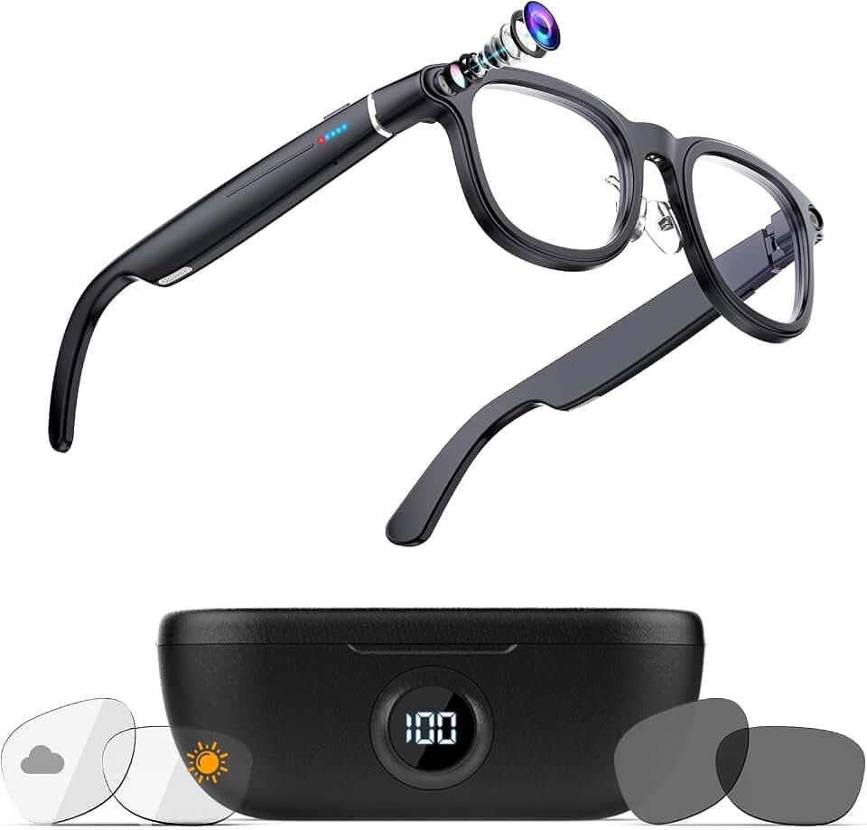 Coucur AI Smart Glasses with Charging Case, 8MP 4K Camera Glasses for Men/Women, 1200P Video Recording, Open-Ear Bluetooth Glasses with Real-Time Translation/AI Voice Control Black Frame(3 Lens)