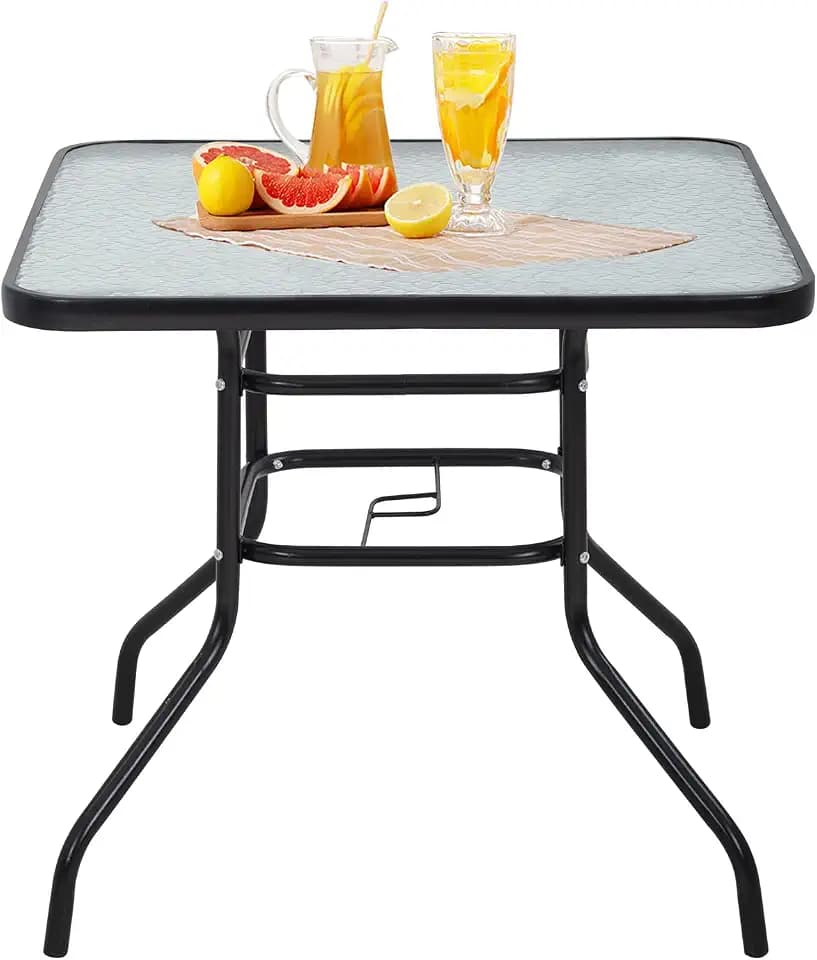 32in Patio Tables,Patio Bistro Tables,Outdoor Dining Tables,Square Tempered Glass Patio Table with Umbrella Hole for Lawn Balcony Yard