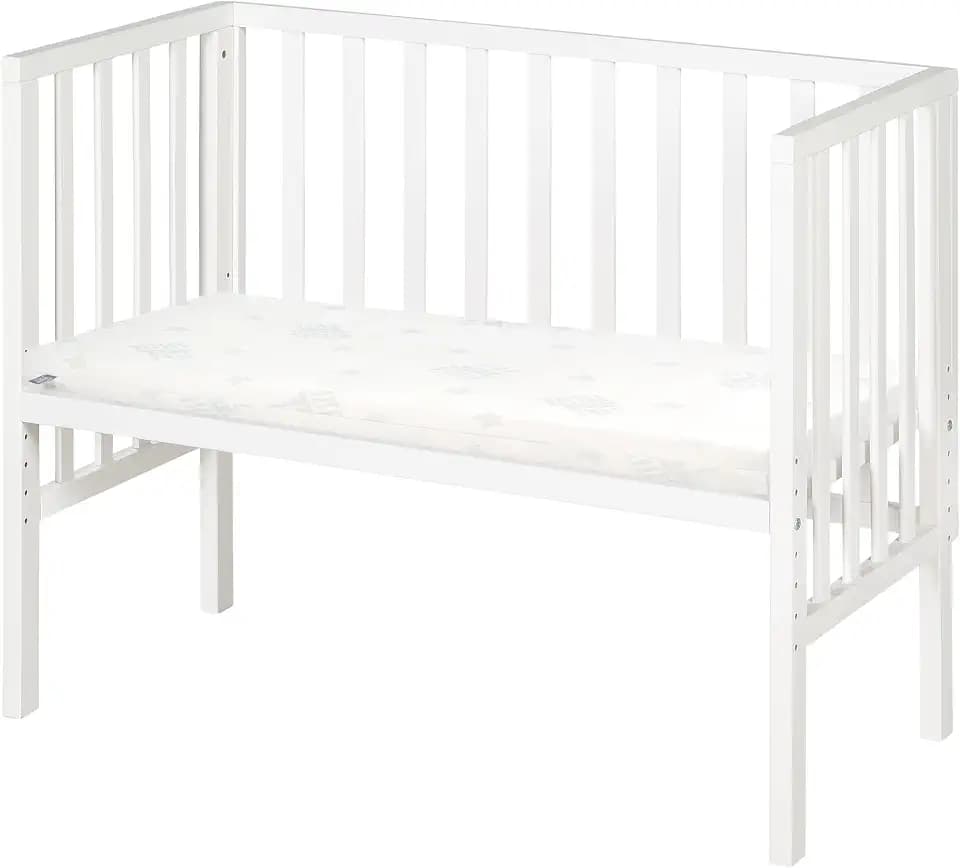 roba Beistellbett safe asleep® 2 in 1-45 x 90 cm - Höhenverstellbar - Komplettes Anstellbett mit Matratze + Mesh Barriere - Bett Set für Babys - Holz weiß