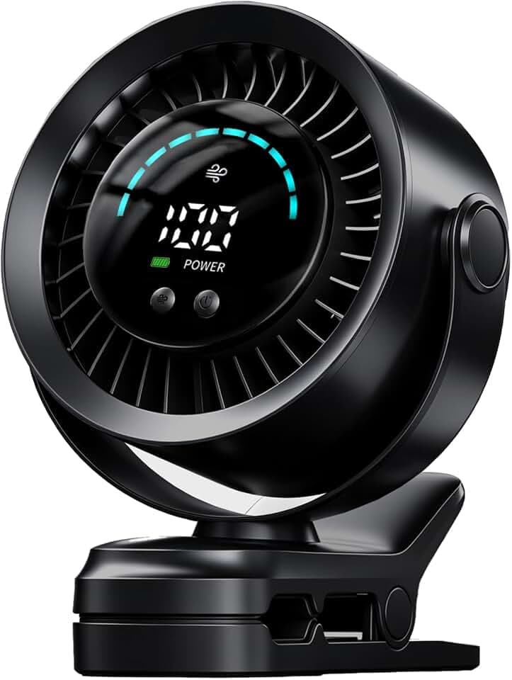 Clip Ventilator, Tragbarer Tischventilator Akku, 5 Geschwindigkeiten Leise Ventilator mit LED Display, 720° Drehbarer Kopf, 3-In-1 Klein Lüfter für Kinderwagen/Büro/Zuhause/Camping