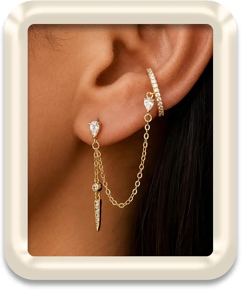 Gold Chain Earrings for Women, Trendy 14K Gold Plated Ear Cuff with Chain, Dangle Drop Stud Earrings, Stacked Huggie Hoop, Cubic Zirconia Dainty Tassel Hypoallergenic Jewelry Gifts