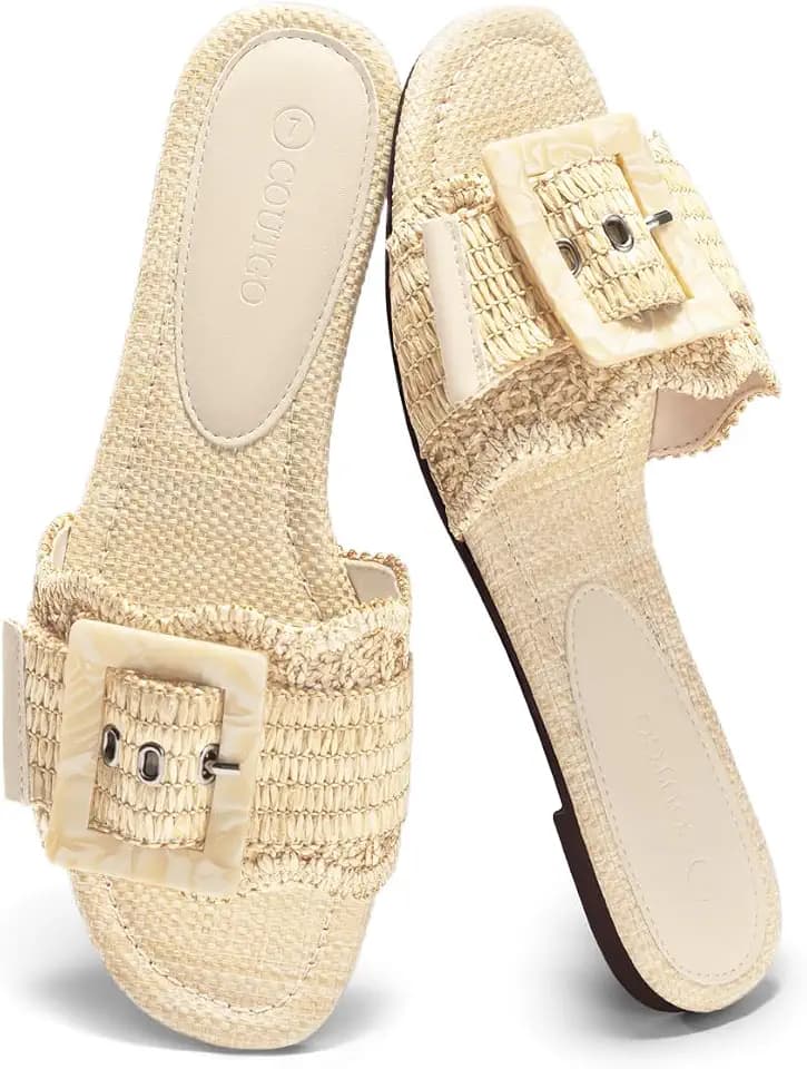 Coutgo Womens Flat Sandals Raffia Slip On Slide Sandal Square Open Toe Buckle Summer Beach Shoes Flats