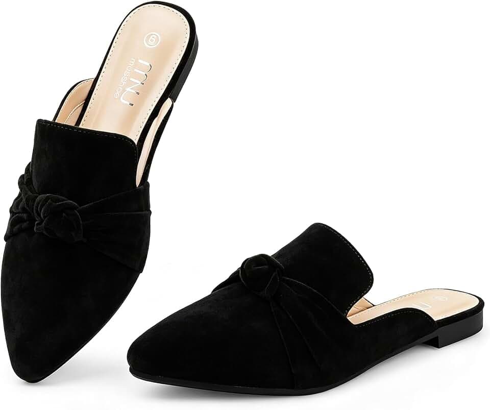 MUSSHOE Mules for Women with Bow Knot: Pointed Toe Flats - Cloud-Cushion Suede Backless Loafers for Office & Casual Wear - Wide-Fit Friendly Slip On Slides with Memory Foam