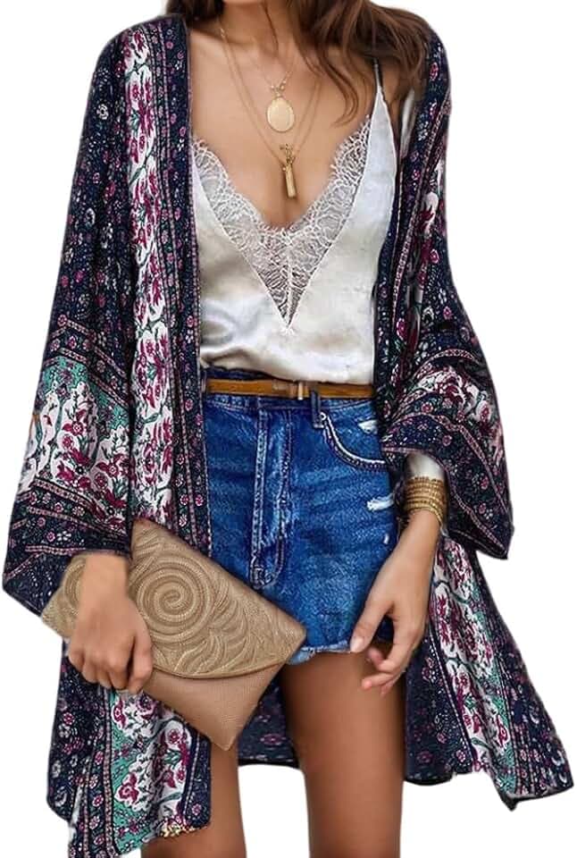 Women's Spring Summer Boho Floral 3/4 Puff Sleeve Kimono Cover Ups Casual Lightweight Beach Oversized Cardigan