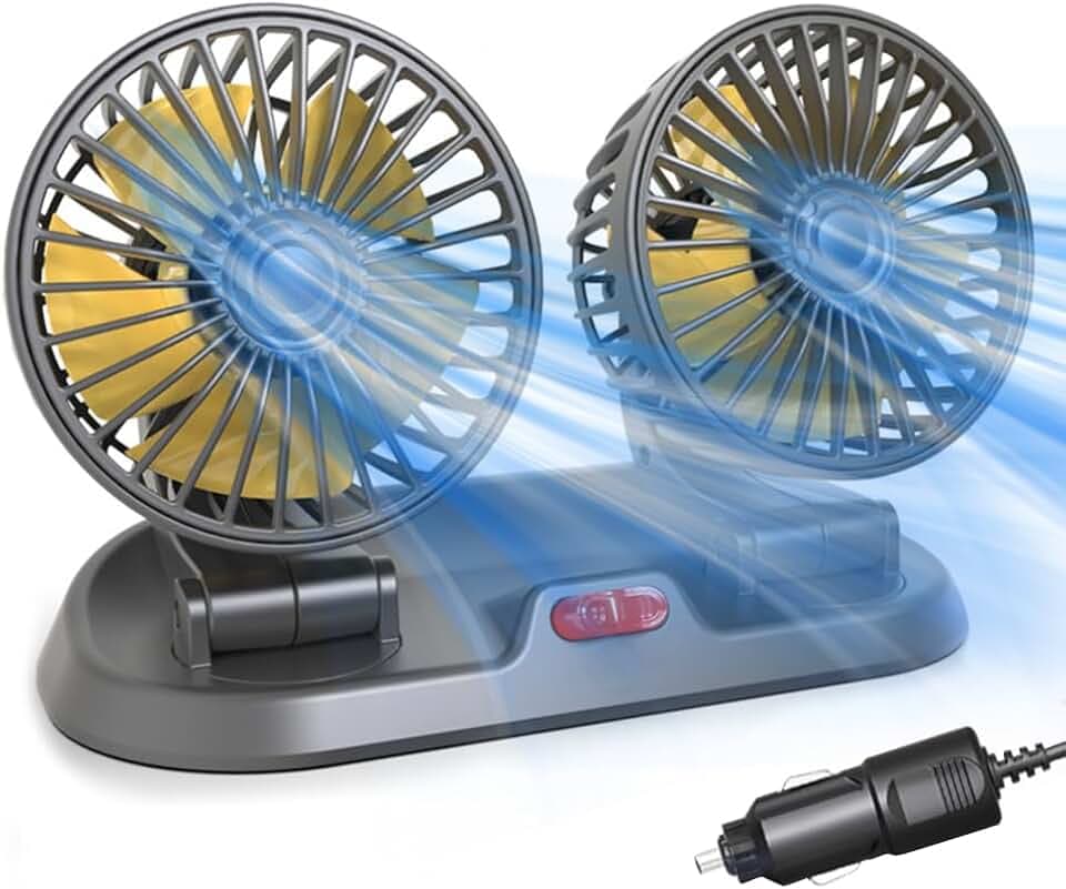 Lotvic Auto Ventilator, 12V Doppelkopf Ventilator Auto 360 Grad Drehbar mit 2 Geschwindigkeiten, Kfz Lüfter Auto für 12Volt Autos, LKWs, SUV