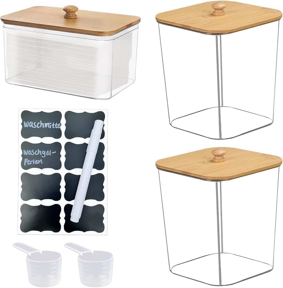 Waschmittel Aufbewahrung, 3 Stück Wäschepods Behälter, Waschmittelbox mit Bambusdeckel, mit Blankoetikett Geliefert, Transparent Waschmittelbox, für Waschpods, Badebomben, DuftverstäRker