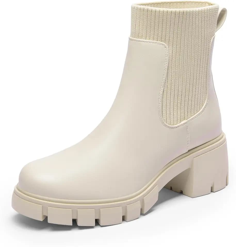 DREAM PAIRS Damen Plateau Chelsea Boots Bequeme Stiefeletten,Beige,40