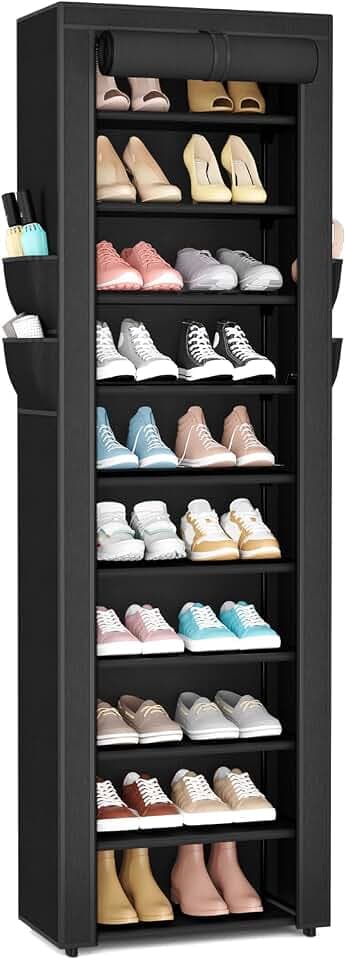 VTRIN Shoe Rack with Cover Organizer 10 Tier Vertical Shoe Stand Black