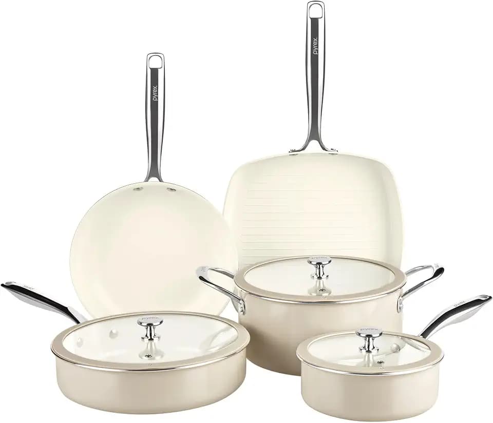 Pyrex 8-Piece Ceramic Cookware Set, Pots and Pans with Lids & Handles