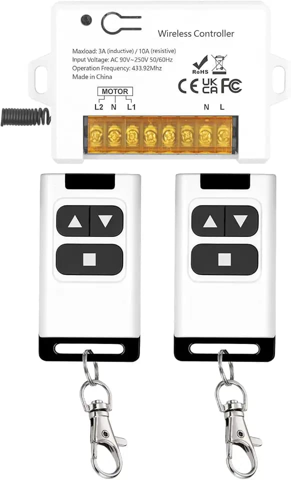 Motorschalter AC kabellos 230V 240V 110V für Garagentor, elektrische Jalousie, Schloss, Pumpe – Fernbedienung vorne/hinten mit 2 Sendern