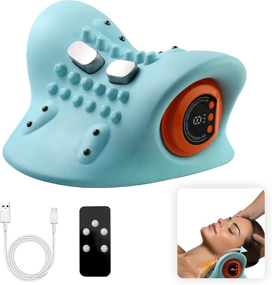 Nackenmassagegerät EMS Elektrisch mit Wärme Kabelloses Nackenmassagegerät Entspannungskissen Zervikales Nacken Rücken Massagegerät mit 3 Modi & 6 Einstellbare Frequenzen