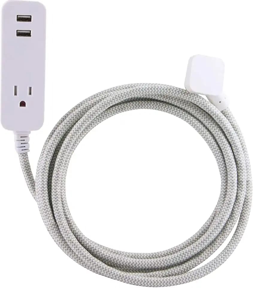 Cordinate Designer 1-Outlet 2-USB Charging Extension Cord with Surge Protection, Gray Braided Décor Fabric Cord, 10 ft, 2.4A USB Charging Ports, with Tamper Resistant Safety Outlets, 37917