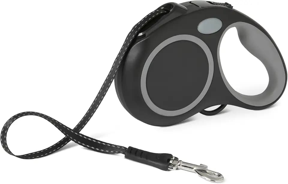 Amazon Basics Reflective Retractable Dog Leash, 16.4 Ft Tape Leash for Dogs Up to 33 Lbs, Non-Slip Comfort Grip, Quick-Lock, Small, Black