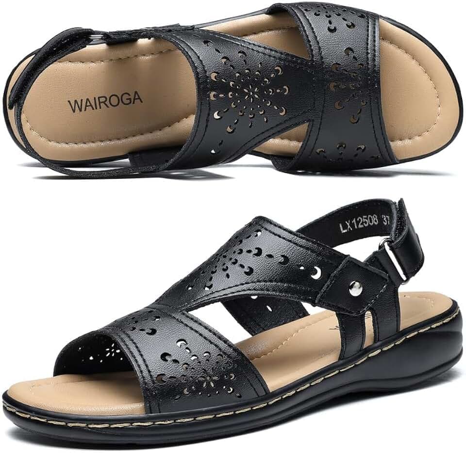 Womens Flat Sandals Orthopedic Dressy Leather Sandals Comfort Walking Open Toe Slip on Shoes with Arch Support for Summer Beach Pool Hiking Vacation Camping Travel Office Shopping Dating Sport