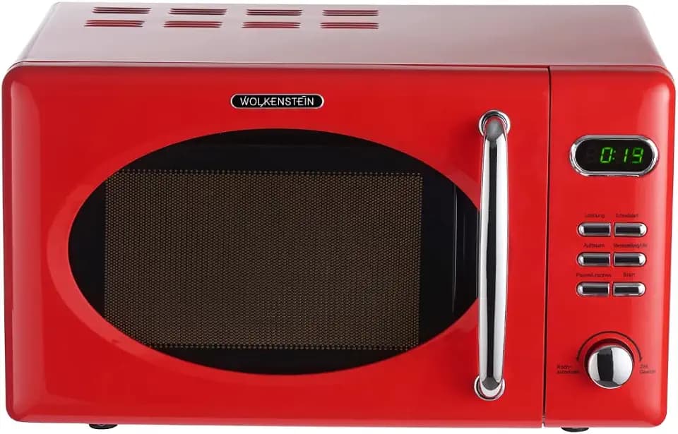 Wolkenstein Retro Stand Mikrowelle WMW720 I 700W Mikrowellenleistung I 20L Garraum I5 Leistungsstufen I 8 Garprogramme IAuftaufunktion I Metall-Gehäuse I Drehteller (24,5cm) I LED-Display (Rot)