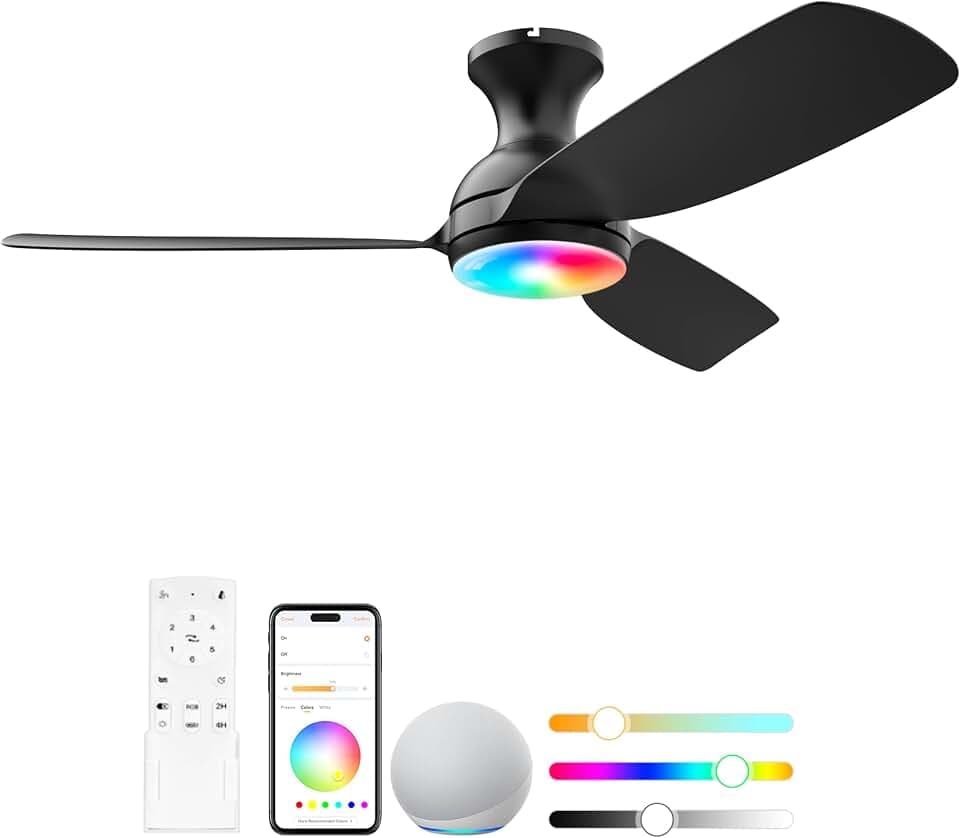 Smart Ceiling Fans with Lights, Consciot 44 inch Matter Ceiling Fan Work with Alexa, RGBCW Color Changing Ceiling Fans, WiFi Bluetooth Group Control, Modern Ceiling Fan for Bedroom, Party, Gift, Black