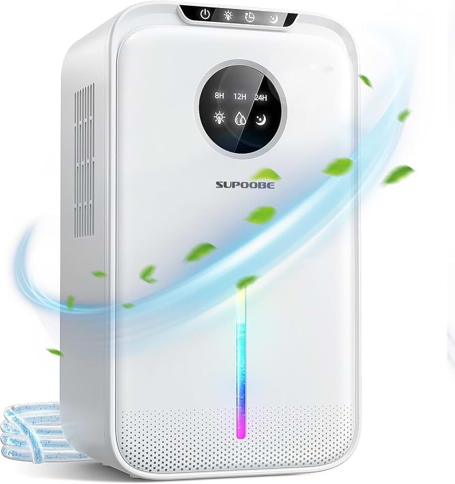 Luftentfeuchter Elektrisch 2200 ml, Leise Entfeuchter Raumentfeuchter Elektrisch mit 1m Ablaufschlauch, Automatische Abschaltung, Timer, 30 dB Schlafmodus, Farbige Nachtlicht, Ideal für Wohnung Keller
