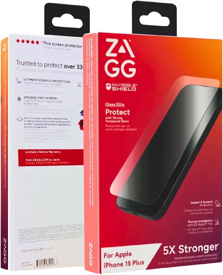 ZAGG InvisibleShield Glass Elite Screen Protector for iPhone 16 Plus/iPhone 15 Plus – 5X Stronger Tempered Glass, Reinforced Edges, Scratch Resistant, Anti-Smudge, Easy Bubble-Free Installation